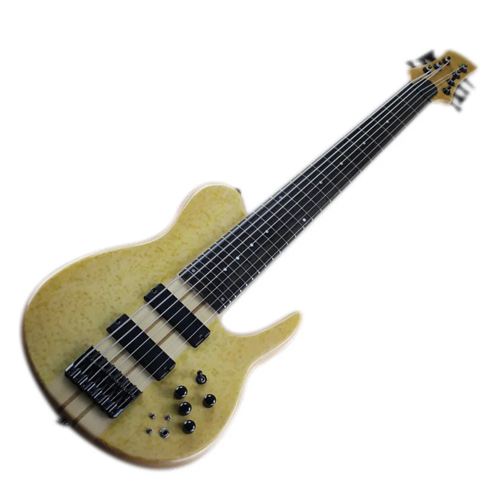 Factory Outlet-7 Strings Neck-thru-body Electric Bass Guitar with Bird Eye Maple Veneer,Active Circuit,Logo/Color Can be Customized