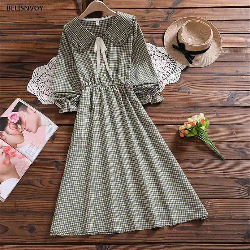 Mori Girl Sweet Plaid Midi Dress Japanese Preppy Style Autunno Moda Arrivo Bow Manica lunga Rosso Verde Lady Vintage Vestidos 210520