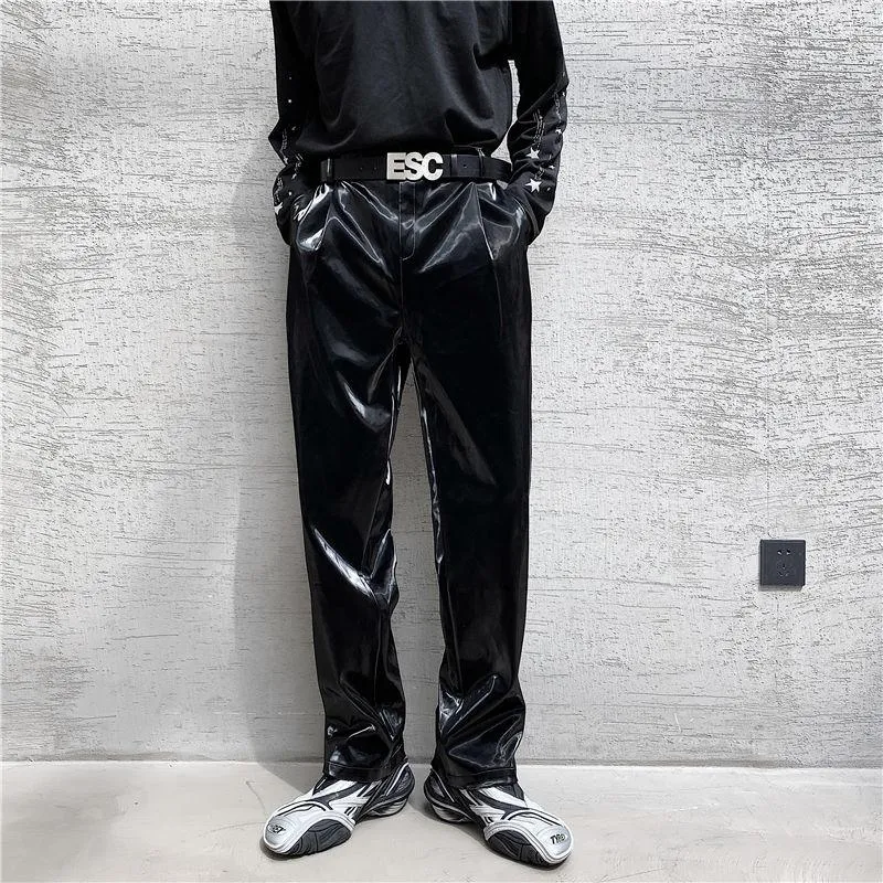 Costumes pour hommes Blazers 2022 Automne Net Tendance Personnalité Streetwear Brillant Pantalon en cuir PU Côté Taille serrée Lâche Casual P270f