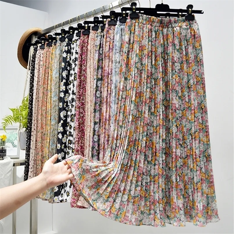 Summer Skirts Womens Vintage Floral Print Chiffon Pleated Elastic High Waist Casual Midi Women Clothes Jupe 220221