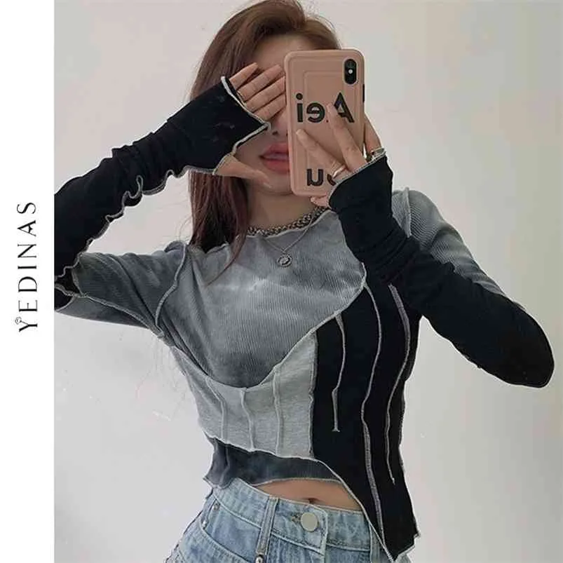 Yedinas Tie-Dye Kleur Matching Onregelmatige T-shirt Dames Sexy Slanke Crop Top Chic Design Koreaanse stijl Lange mouw Spring 210623