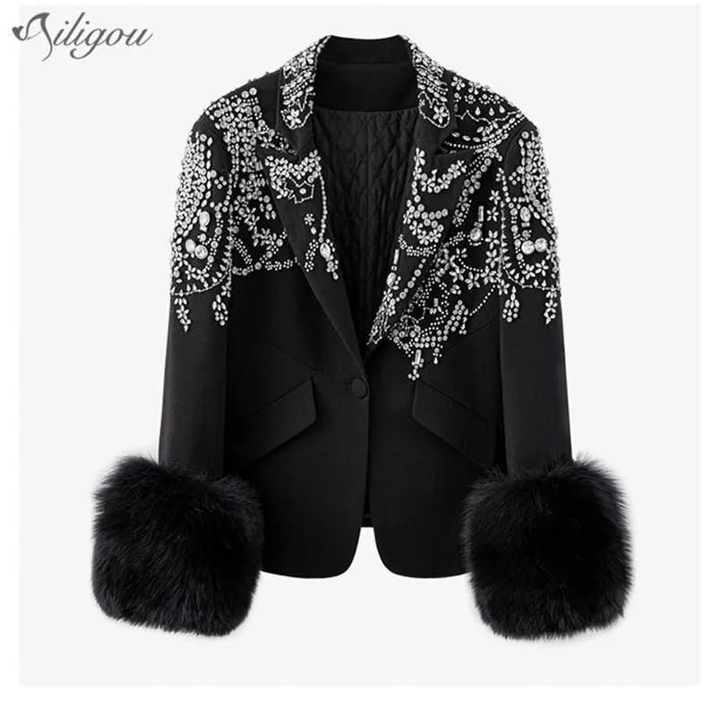 Mode Dames Veste Noir Blanc Sexy V-Cou Manteau Diamant Décoration Amovible Poignet De Cheveux Slim 210525