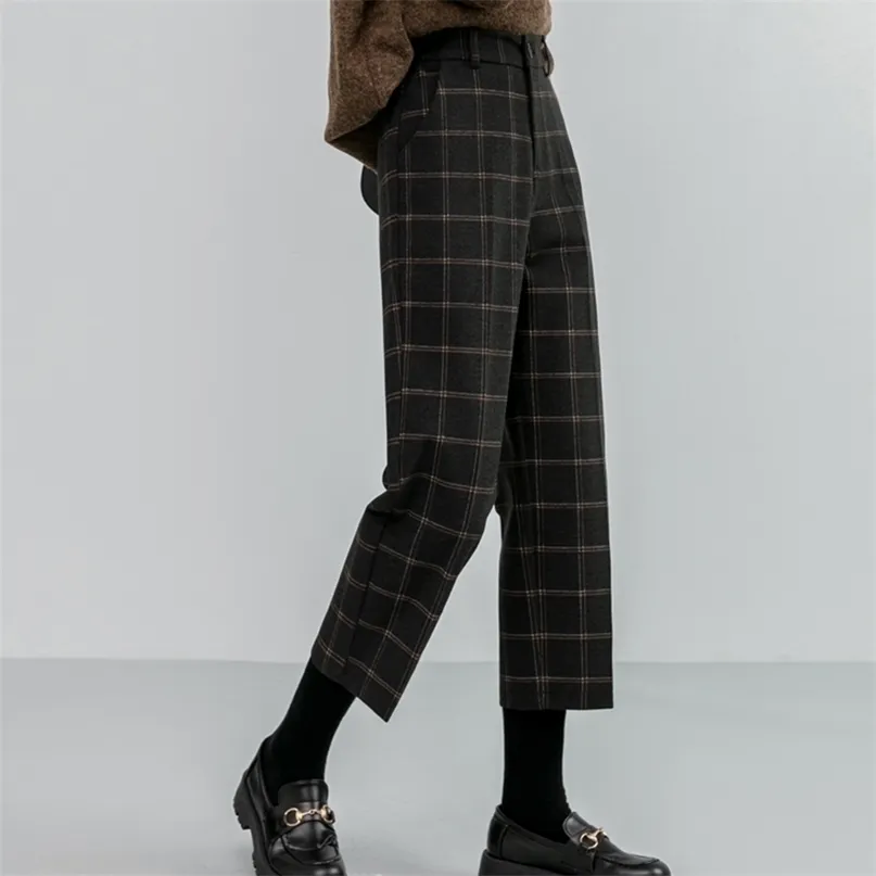 Chic laine Plaid automne hiver femmes taille haute formelle pantalon droit lâche cheville longueur femme bottes grande taille 211115