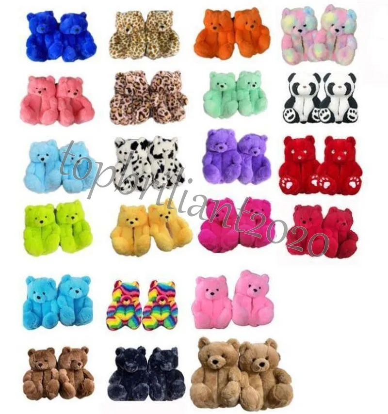 1 par = 2 piezas 18 Estilos Zapatos cálidos Zapatillas de casa de oso de peluche de felpa Marrón Mujeres Hogar Interior Suave Antideslizante Piel sintética Lindas y esponjosas Zapatillas de leopardo rosa Mujer Invierno