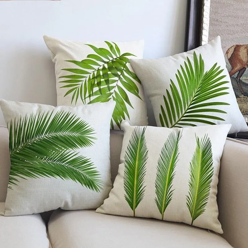 Green Pastoral Plant Leaves Home Decor Throw Pillow Covers Sago Cycas Tropical Leaf Sofa Cushion Cover Cotton Linen 45x45 Cushion/Decorative