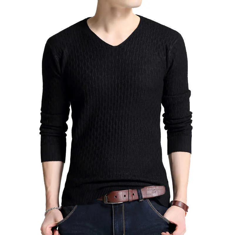 BROWON Automne Slim Pulls Hommes À Manches Longues Pour Jeunes Col V Pure Pull Tricoté Vêtements Y0907