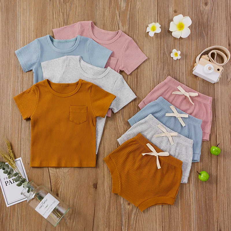 Baby Clothing Sets Ribbed Short Sleeve Top + Shorts Pants 2pcs/set Outfits Fashion Boutique Kids Clothes M3456
