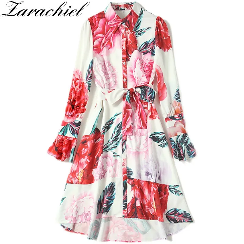 Elegante Peony Floral Print Onregelmatige Shirt Jurk Dames Lange Flare Mouwen Single-Breasted Lace-up Vakantie Zomer Vestidos 210416