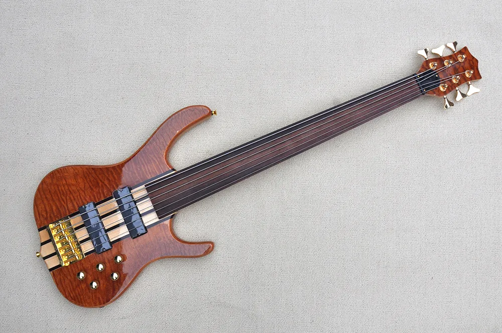 Guitare basse électrique Fretless 6 cordes avec matériel doré, micros actifs, offre un service personnalisé