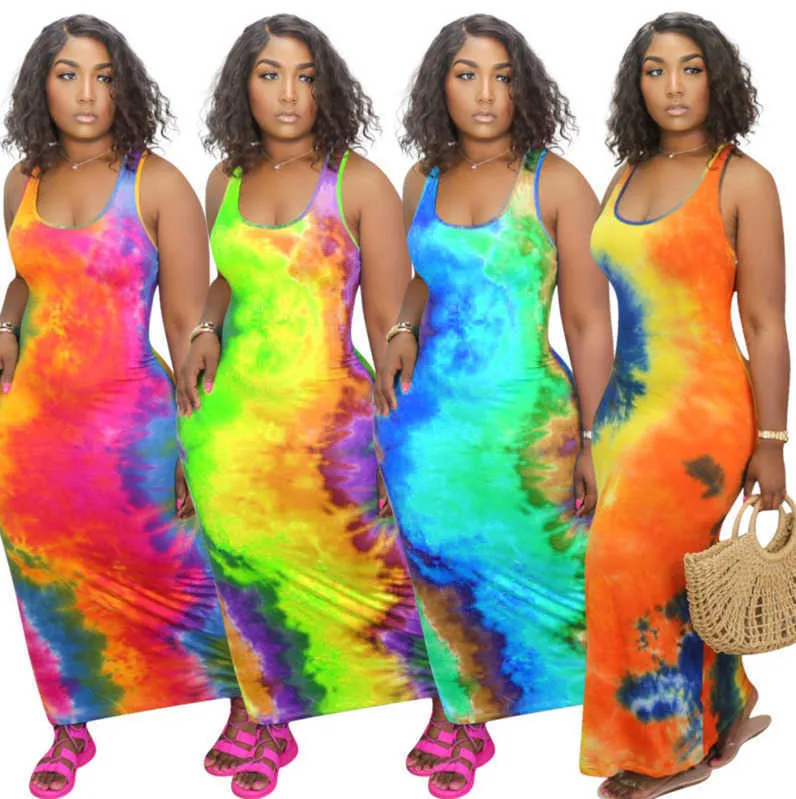 Vrouwen Lange Rok Fashion Tie Dye Gedrukt Casual Jurken Club Sexy U Neck Big Swing Dress S-XXXXL