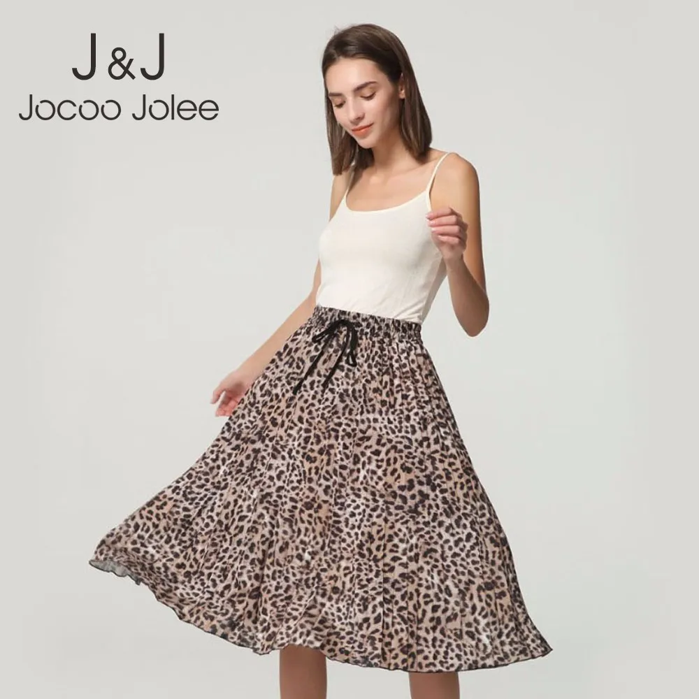 Jocoo Jolee Vrouwen Vintage Leopard Print Geplooide Midi Rok Dames Trekkoord Tie Elastische Taille Rokken Vrouwelijke Casual Rok 210518