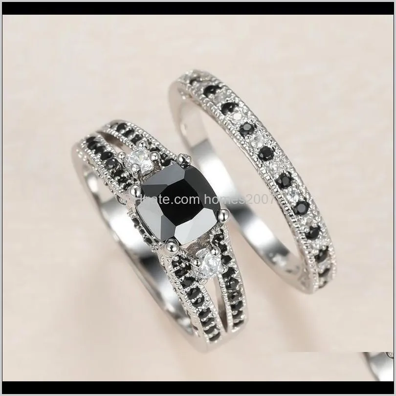 trendy female black white crystal ring set charm silver color wedding rings for women dainty round zircon stone engagement