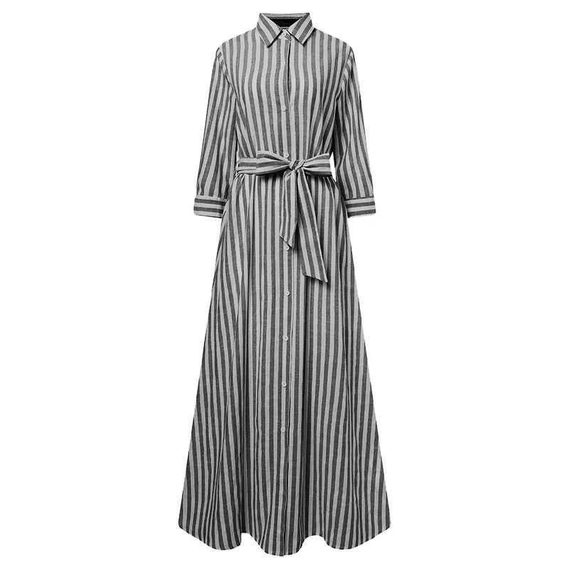 Mode vrouwen revers nek gestreepte jurk zanzea herfst lange mouw knoppen maxi elegante shirt vestidos femme sundress y0823