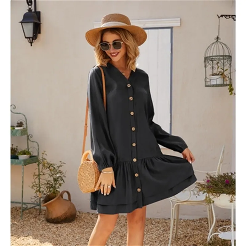 V-neck Button Long Sleeve Solid Color Dress Autumn Women's Mini Fashion Temperament Commuting Relaxed Leisure Plus Size 210522