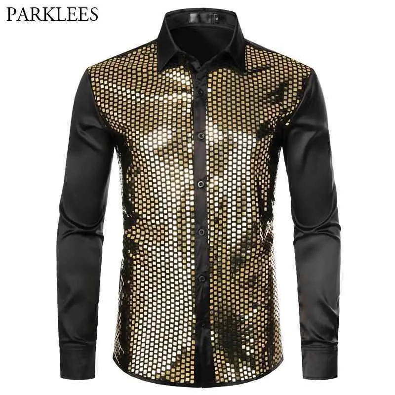 Shiny Gold Sequin Black Silk Dress Shirts Men Long Sleeve Button Down Shiny Shirts Male Nightclub Party Prom Chemise 210522