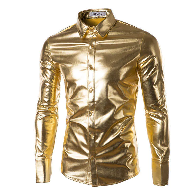 Men's Shiny Gold Coated Metallic Night Club Dress satin shirt mens - Slim Fit Long Sleeve Button Down satin shirt mens for Disco Party (210708)