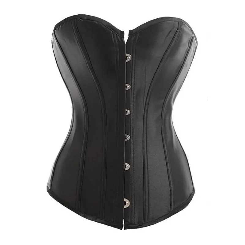 Sexy Vrouwen Zwart Strapless Satin Beened Corset Top Overbust Bustier Steel Gesp Front and Lace Up Back 8198