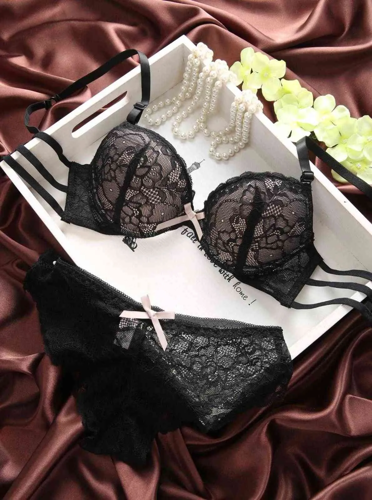 NYX Sexy Lace Bra And Panty Set With Embroidered Push Up Deep V