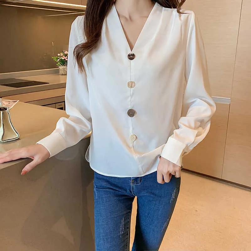 Blusa Camisa Blanca Cuello V Gasa Mujer Camisas Manga Larga Tops Casual S lido Tallas Grandes XXL 210604