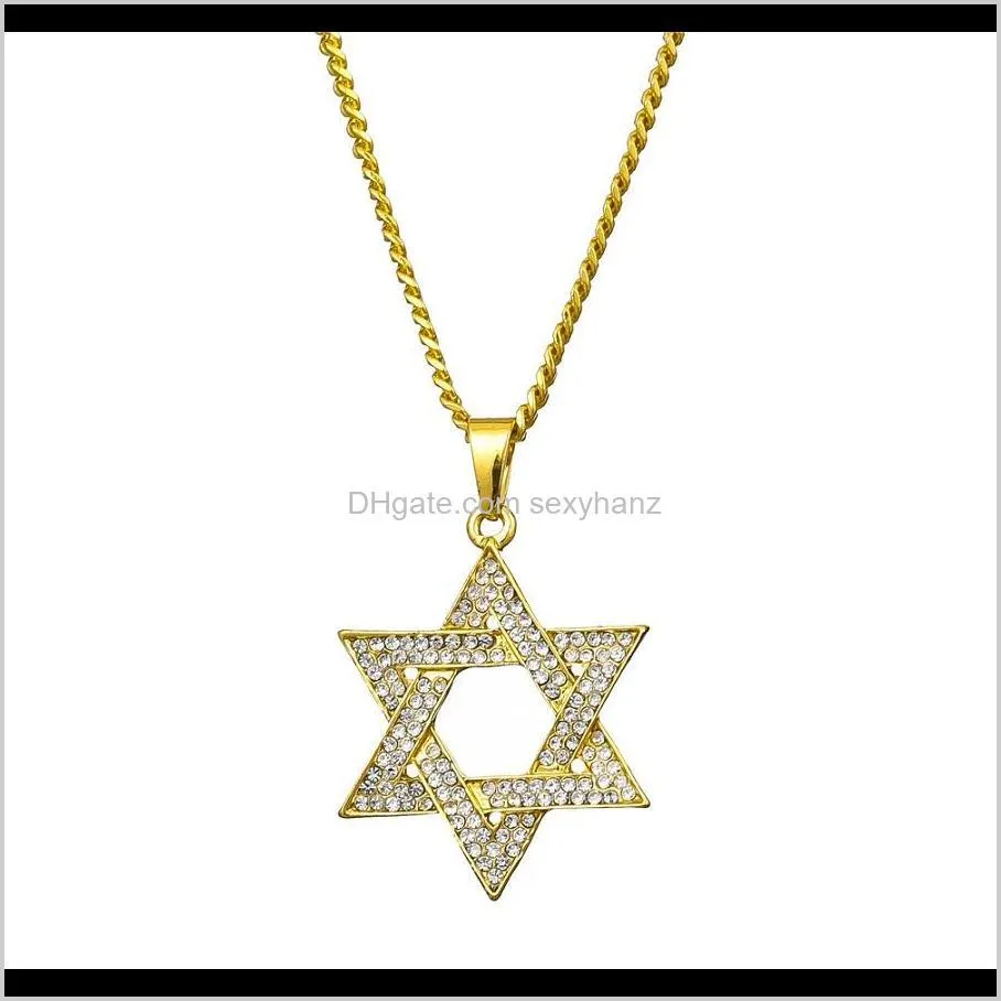 unique hot magen star of david pendant necklace men women hip hop jewelry full rhinestone fashion 60cm long chain gold trendy punk
