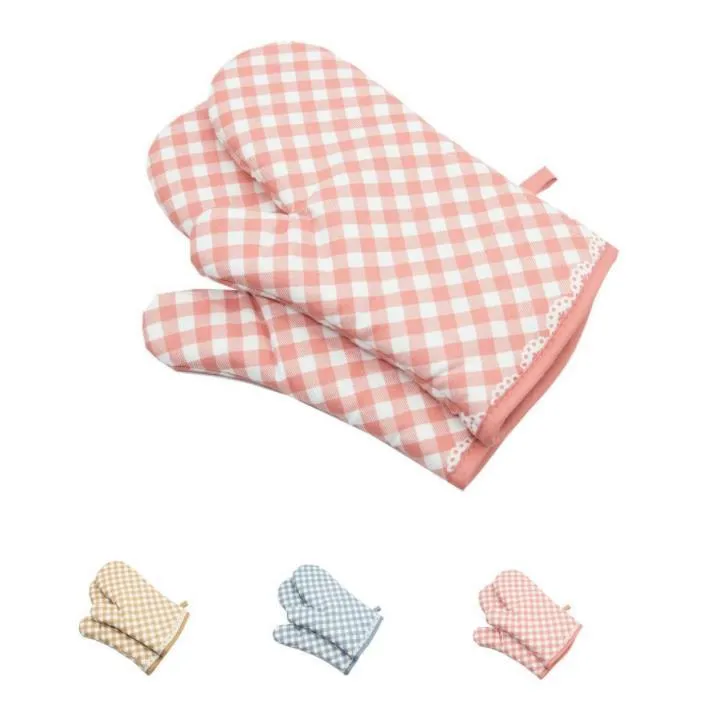 Baking Tools Oven Mitts Grid Cotton polyester Lining Heat Resistant Kitchen Gloves SN4313