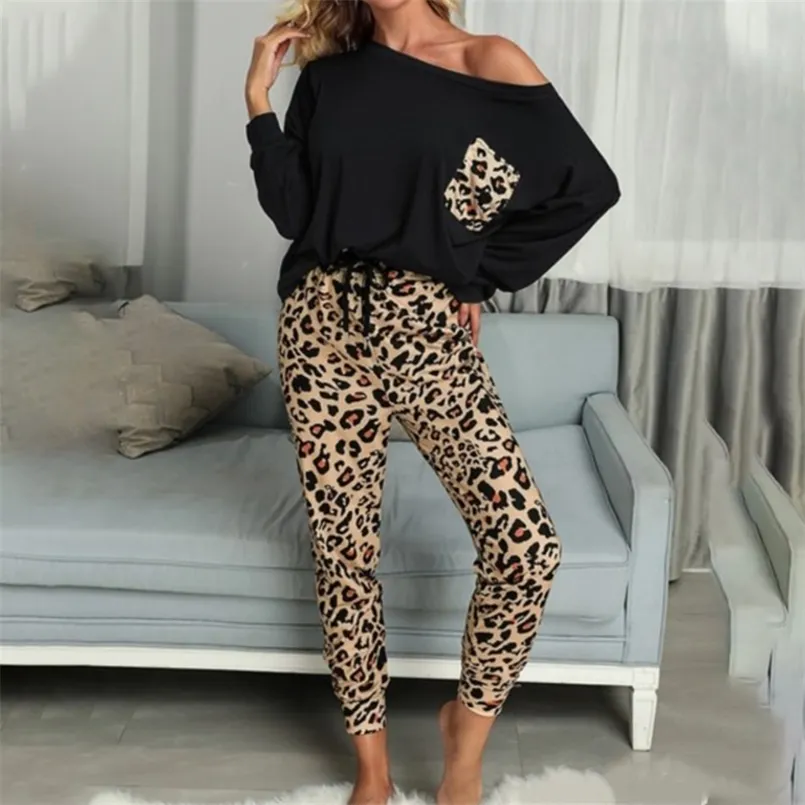 Costume de maison pour femmes léopard doux deux pièces homewear décontracté femme ensemble sweat-shirt à manches longues pantalon complet automne dames pyjamas 210809