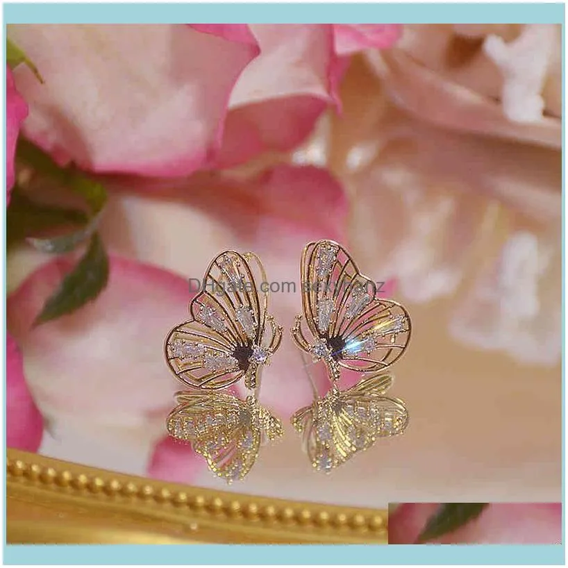 14k Real Gold Luxury Hollow Butterfly Women Earring Bling Crystal Zircon Dazzling Stud Wedding Engagement Jewelry