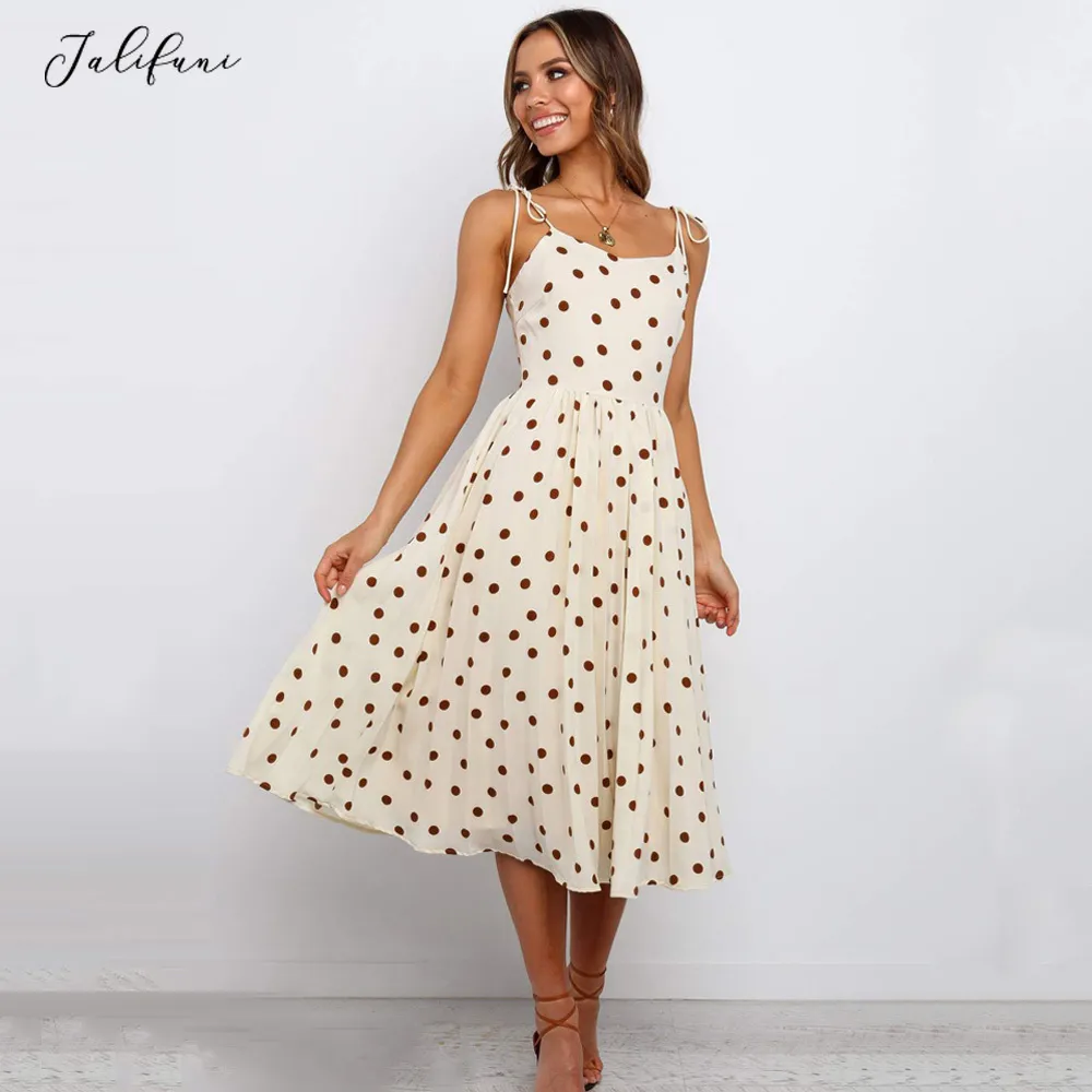 Sommar kvinnor klänning polka dot båge slip sundresses backless casual white monterade kläder svart trendigt spaghetti band kläder 210415