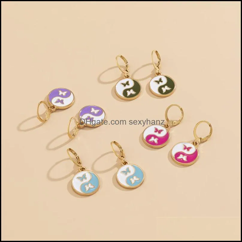 Yamog Colorful Butterfly Tai Chi Charm Earrings Women Oil Drop Round Animal Ear Buckle European Retro Alloy Circle Party Earring Jewelry Accessories 4