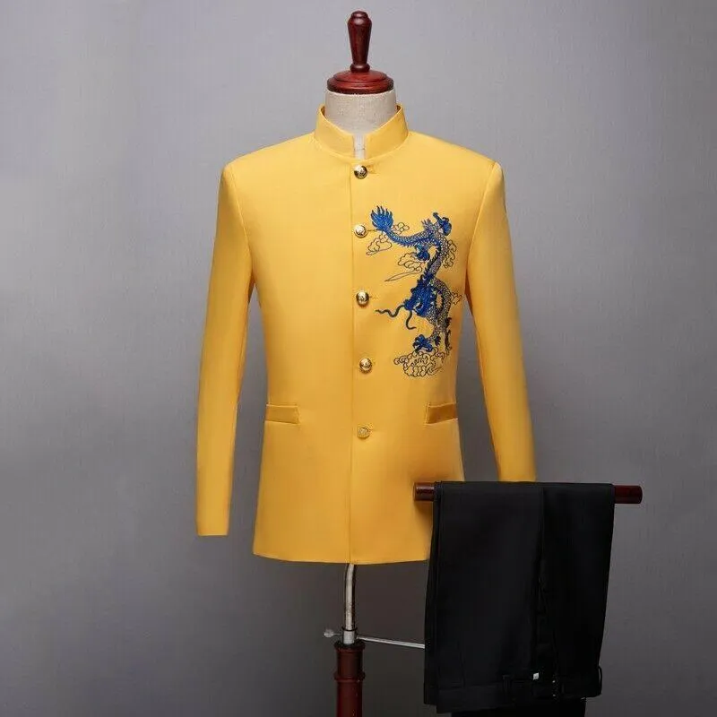 Męskie Garnitury Blazers Tuxedo Stand Collar 2 sztuk Chiński garnitur tunikowy Blazer Slim Fit Haft