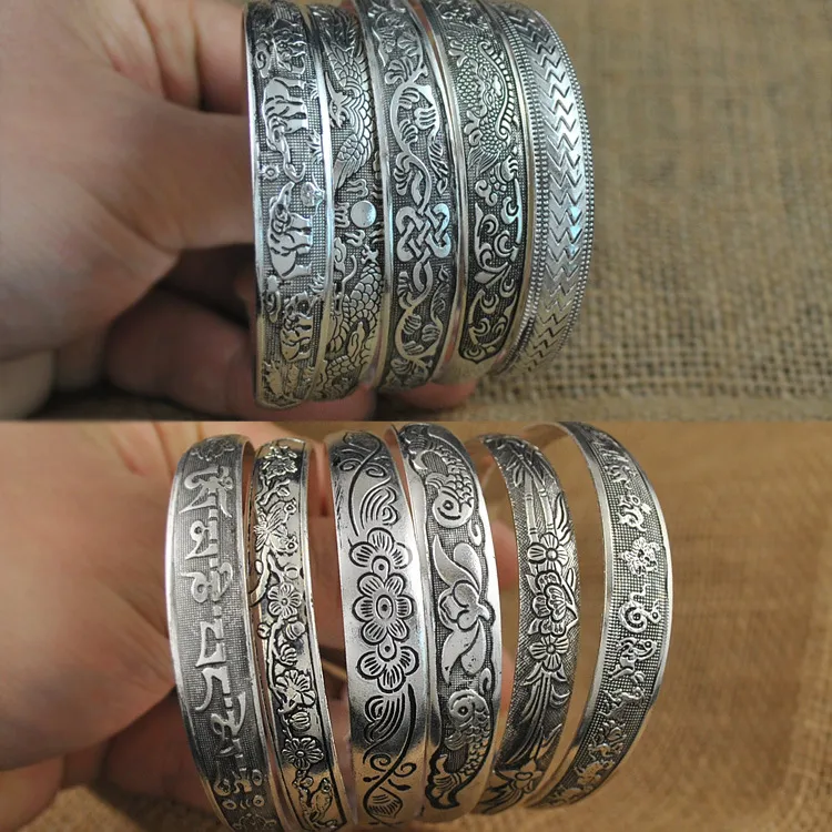 Vintage China Tibetan Silver Bangle Pulseira Ajustável Tamanho Boêmio Braceletes Esculpidos Restaurar Maneiras Antigas Padrões