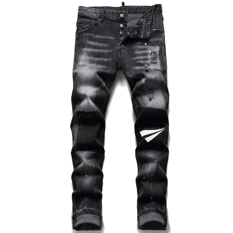 Erkekler Slim Fit Sıkı Deggar Kot Yırtık Baskılı Sıska erkek Denim Pantolon 5-Cep Düzenli Pamuk Jean Yıkılan Delik Giyim Pantolon Hip Hop Rahat Pantolon 1260