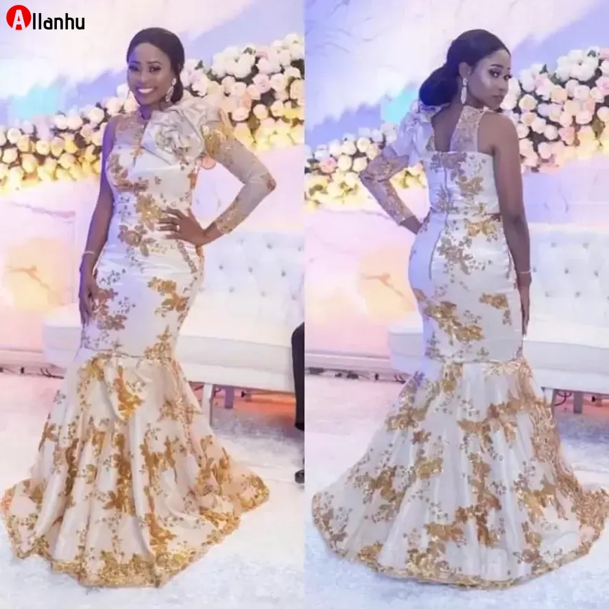 2022 ASO EBI Style Avondjurken met Goud Geappliceerd Een lange mouw Mermaid Prom Dress Custom Made Plus Size Arabische Avondjurk BFG