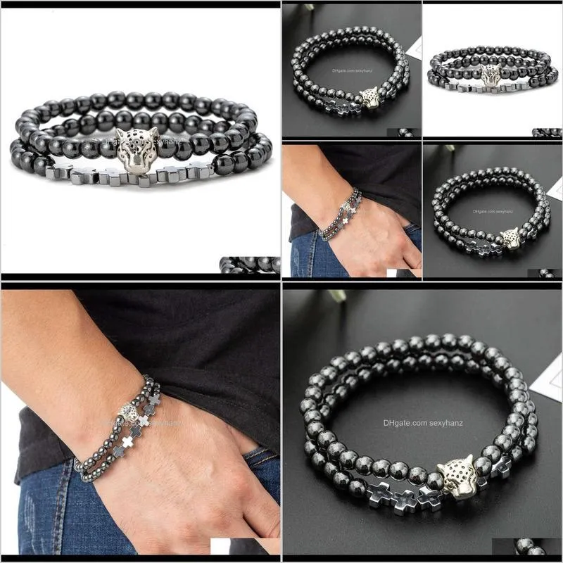 popular jewelry magnetic environmental protection black gallstone men`s leopard head set bracelet