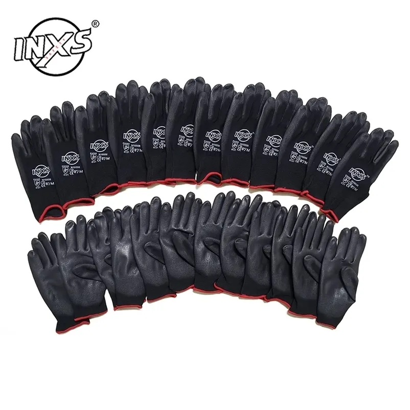 12 Pairs Polyester Nylon PU Coating Safety Work Gloves For Builders Fishing Garden Work Non-slip gloves 220110