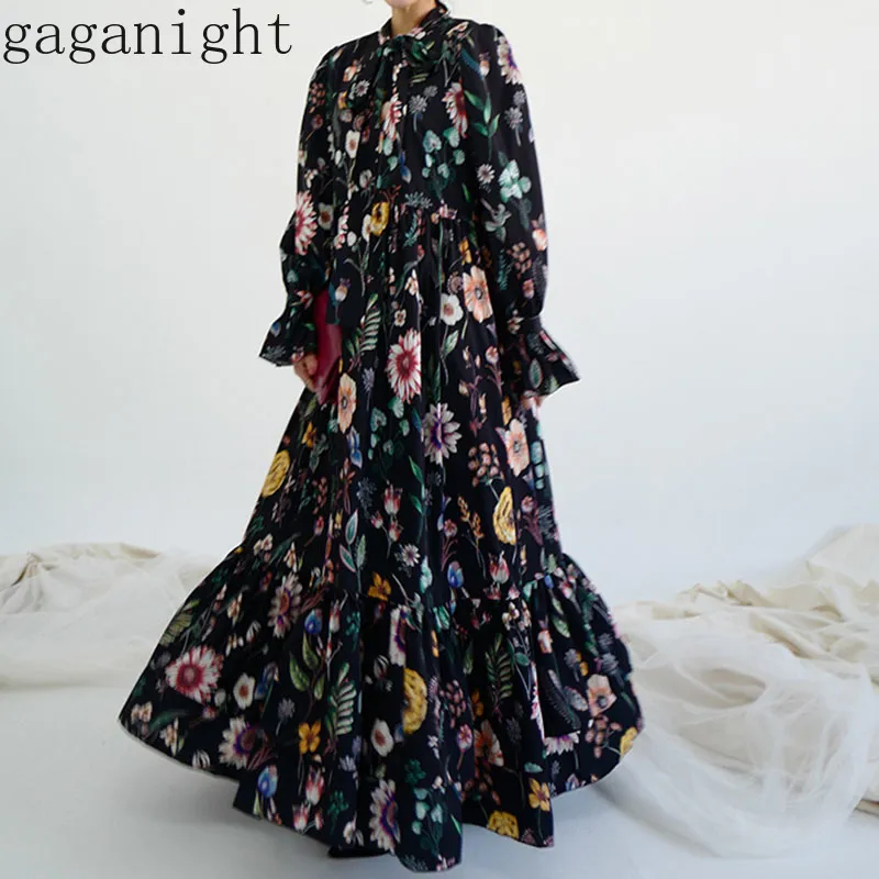 Gaganight Fashion Chic Flower Women Maxi Long Dress Swing High Waist Flare Sleeve Elegant Vintage Dresses Party Holiday Bohemia 210519