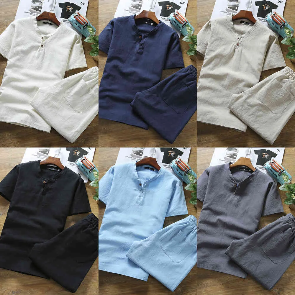 T-shirt a maniche corte biancheria + pantaloncini 2pcs uomo in cotone tela cause vestito per maschio estate primavera autunno X0610