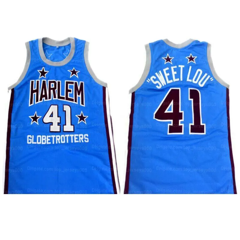 Benutzerdefinierte Sweet Lou Dunbar #41 Harlem Globetrotters Basketball-Trikot, Herren-Basketballtrikot, genäht, Blau, Trikots mit beliebigen Namen und Nummern