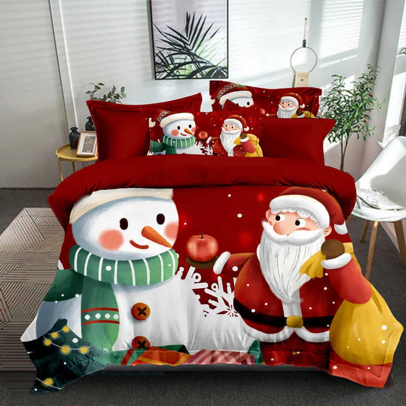 Set di biancheria da letto natalizia 3 pezzi Fiocchi di neve Albero Babbo Natale Pupazzo di neve Copripiumino Set di lenzuola morbide Decorazione