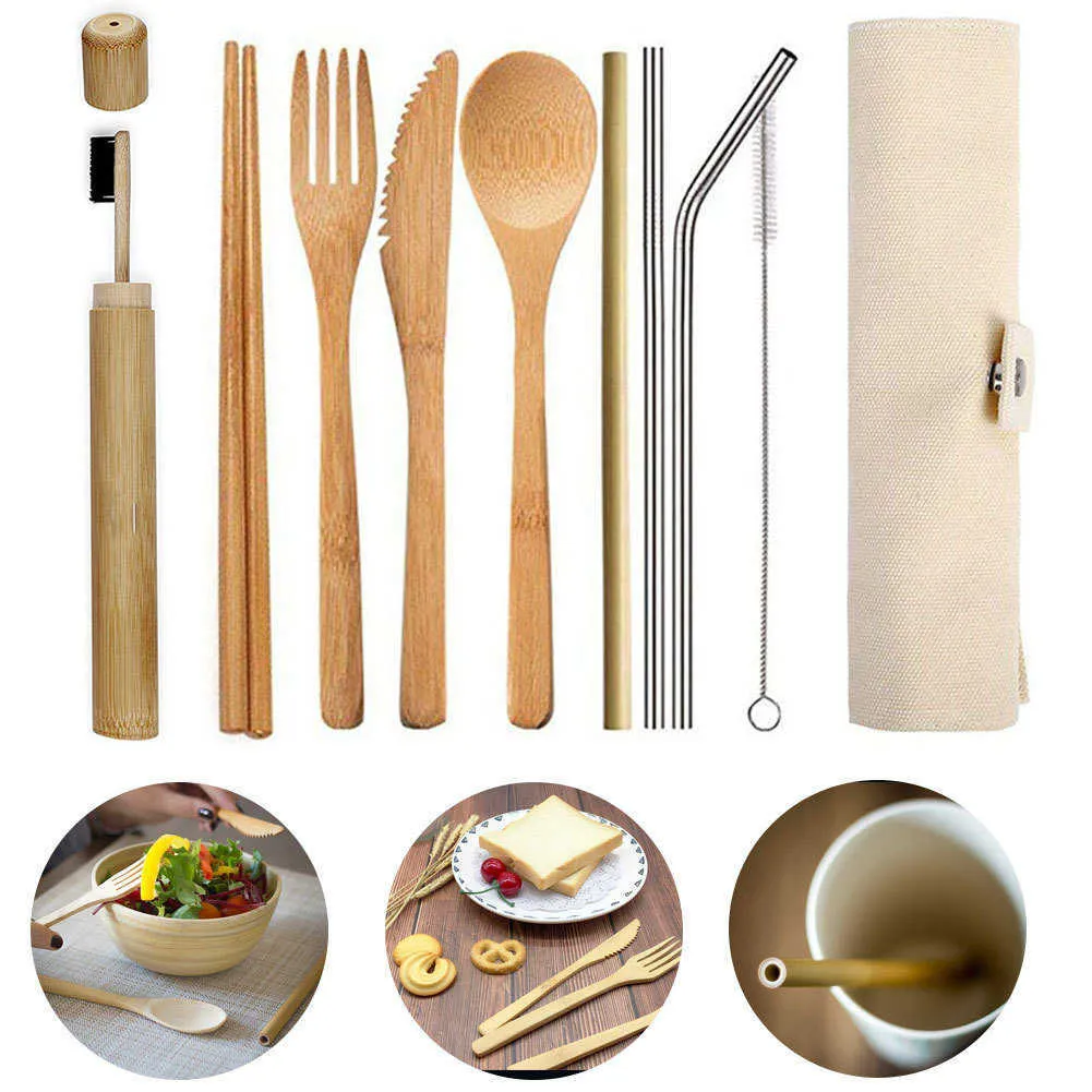 Couteau réutilisable Ustensile Vaisselle Vaisselle Bambou Portable Cuillère de fourchette de fourchette à fourchette avec sac en tissu écologique Couvert de pique-nique écologique T191218