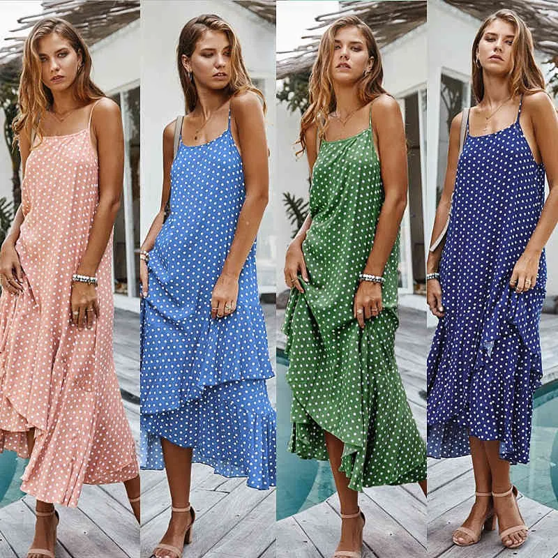 Polka Dot Maxi Dresses Kobiety Sexy Sling Bez Rękawów Summer Sukienka Casual Lady Ruffles Nieregularne boku Boho Beach Dress Vestidos 210507