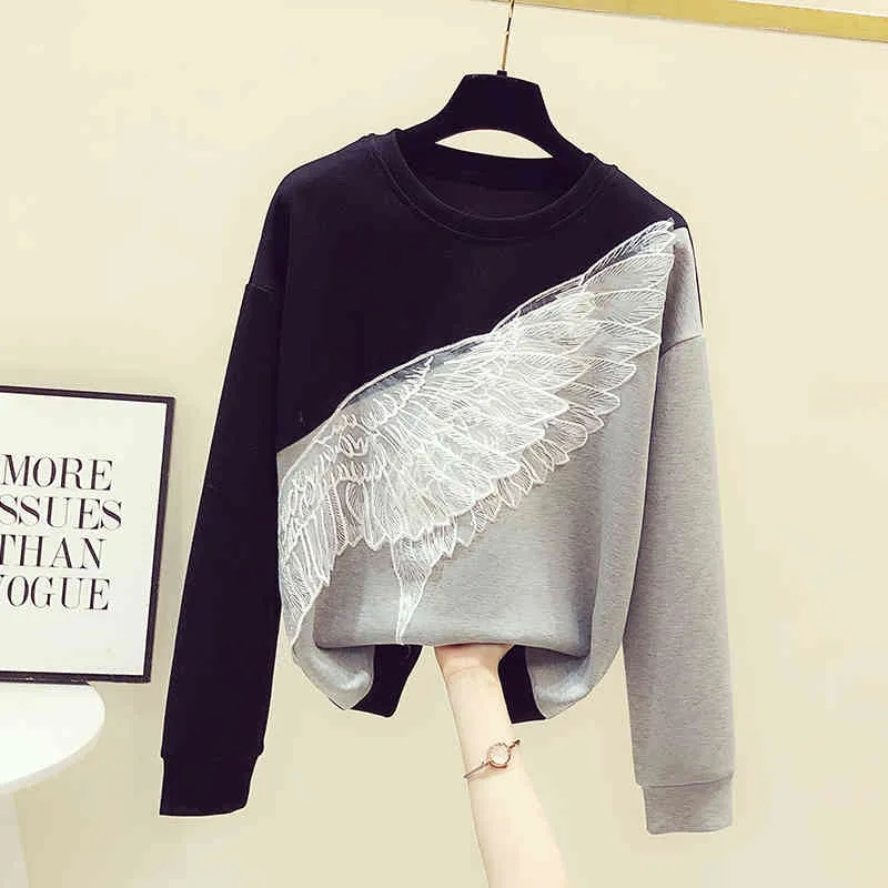 Spring Autumn Woman Casual Long Sleeve O Neck Patchwork Wing T-shirt Women's Tee Tees Students Ladies Tops A4388 210428
