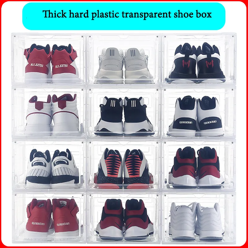 Acrylique duroplasts Épaissir Boîte à chaussures en plastique transparent Chaussures anti-poussière Boîtes de rangement solides Flip noir Transparent Couleur Organisateur empilable