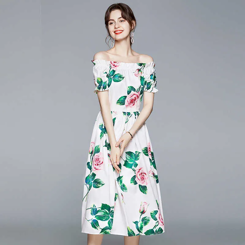 Summer Runway Rose Printed Dress Women's Cold Cut Out Off Shoulder Slash Neck Floral Print Sundress Holiday Long 210529