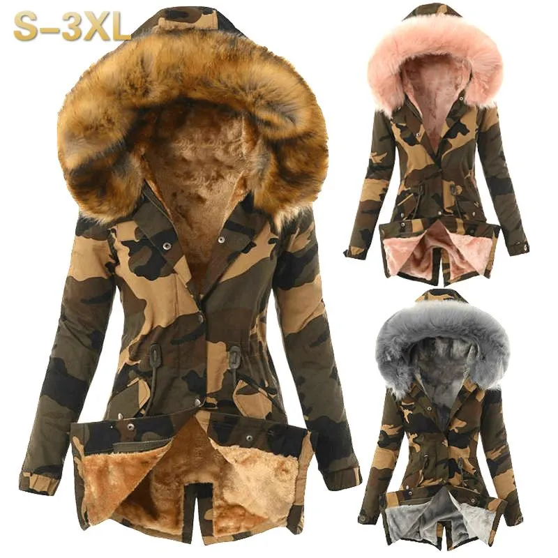 Womens camo parka coats with fur hood clearance