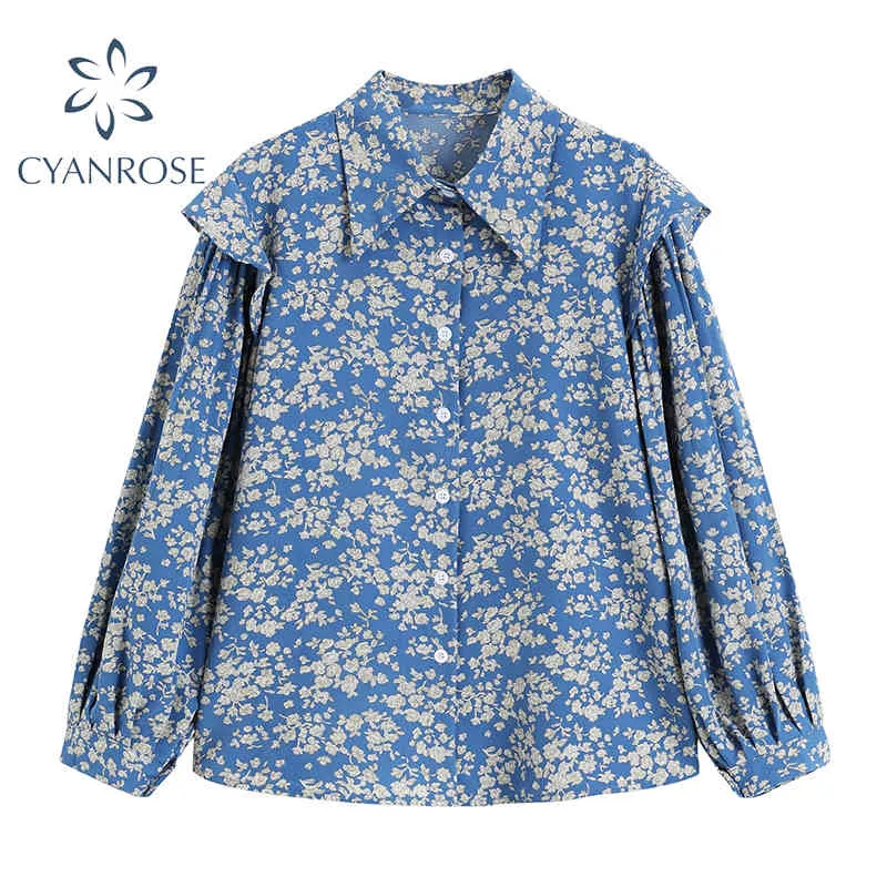 Старинные цветочные принты синие женские блузки весенние рашанные сплетенные свободные элегантные корейские рубашки женские кардиган Ulzzang Tops 210417