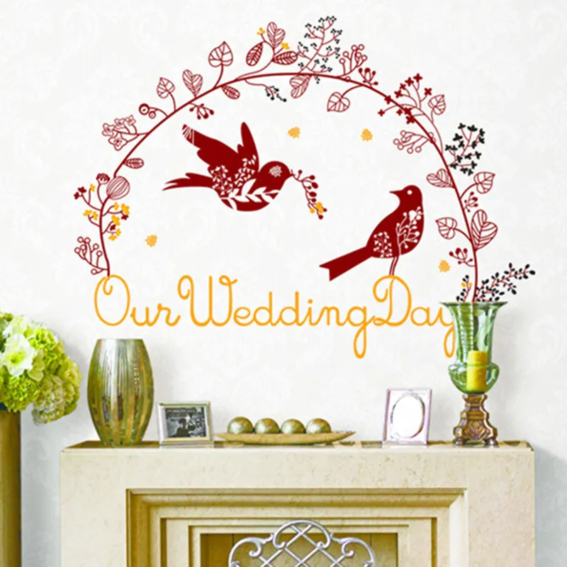 Romantique créatif bricolage fleur vigne pigeon stickers muraux pour salle de mariage chambre sticker mural affiche pvc amovible décoration de la maison 210420