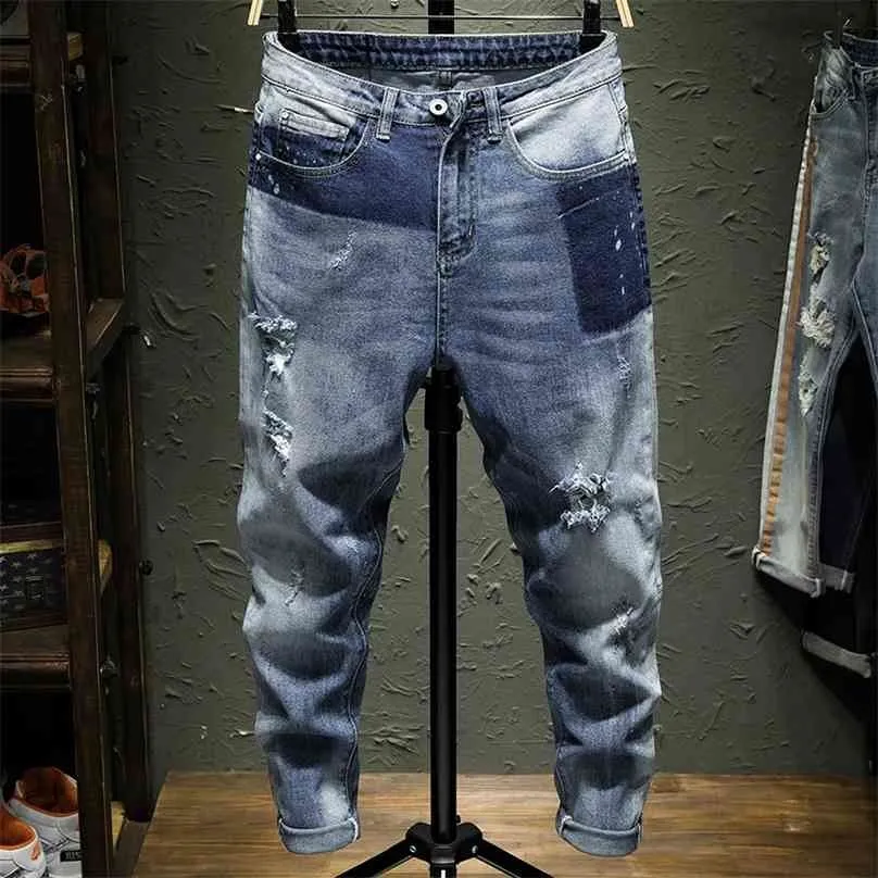 Klassisk Mäns Skinny Stretch Denim Jeans Byxor Tvättad Ljusblå Med Ripped Holes Patch Byxor Slim Joggers Homme 210716