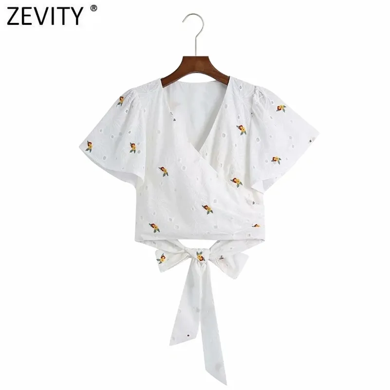 Kobiety Słodki Krzyż V Neck Hollow Out Floral Haft Krótki Bluzka Smock Kobieta Hem Bow Mite Koszulki Chic Crop Topy LS9265 210416