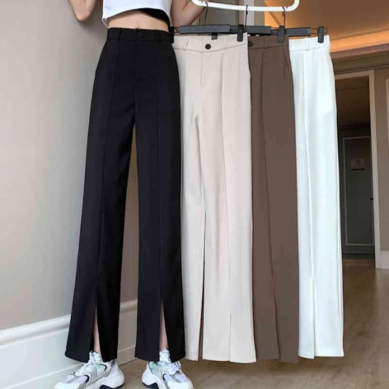 Nomikuma Koreański styl spodnie damskie Split Design Unicolor Casual High Street Spodnie Lato Proste Pantalones 210514